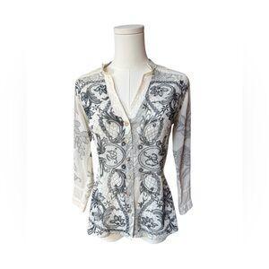 Citron Santa Monica silk blouse black and Ivory Asian floral print lace XS
